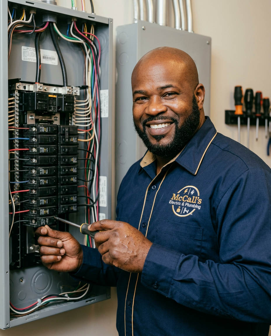 Terrence McCall working on an electrical panel in a McCall's uniform
