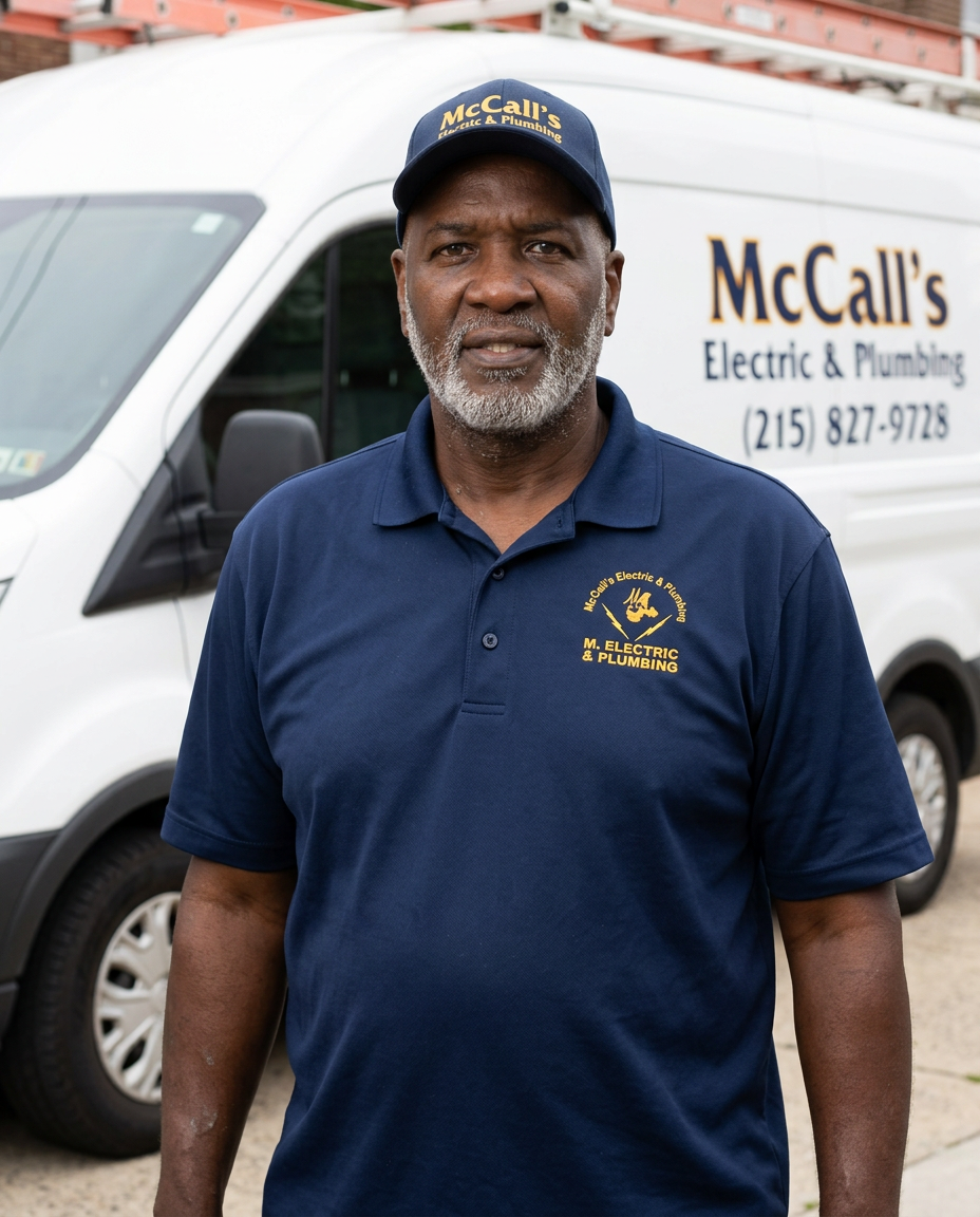 Tyrone McCall repairing plumbing under a sink in a McCall's uniform